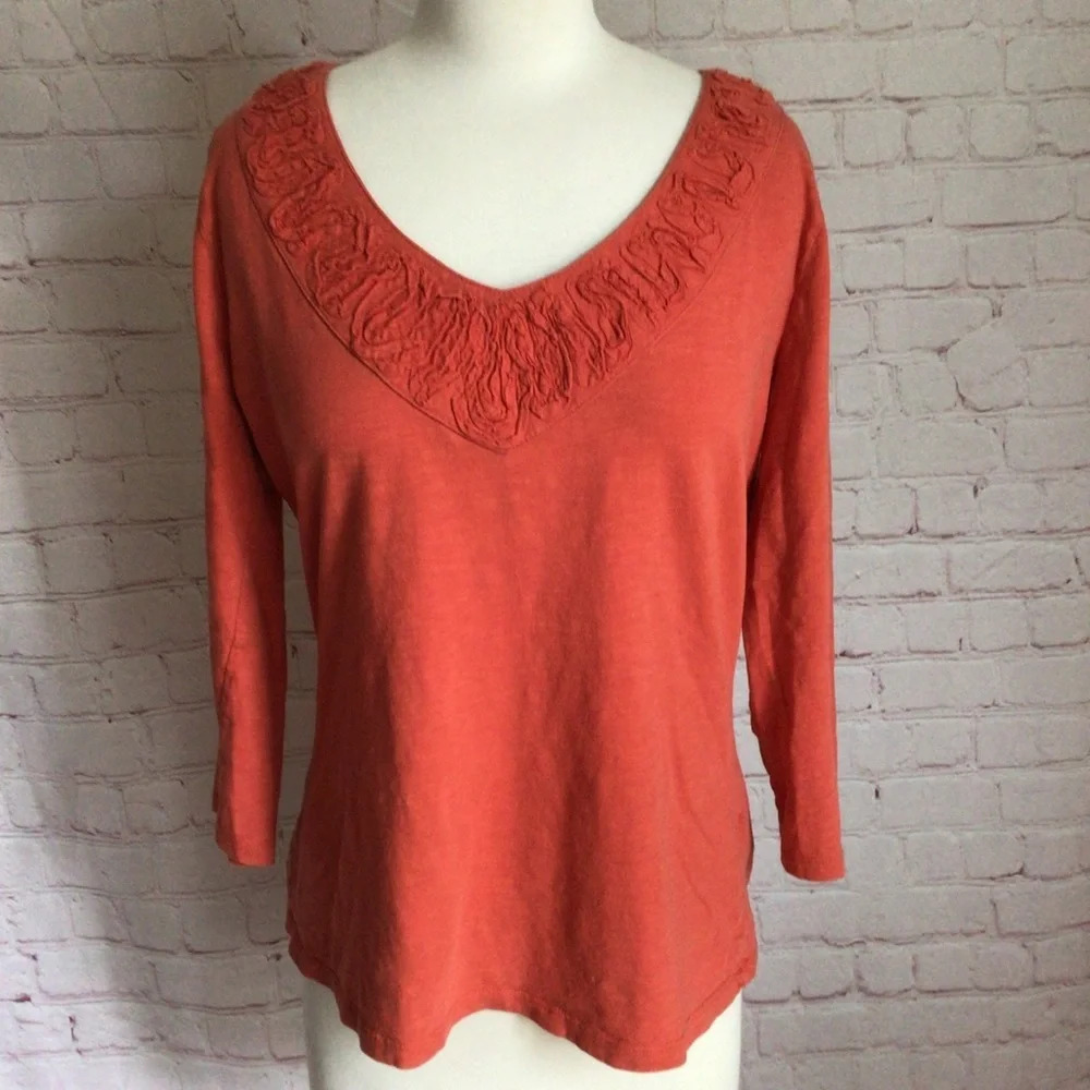 Boden Orange Ruffle V-Neck 3/4 Length Sleeve Top - Size 10